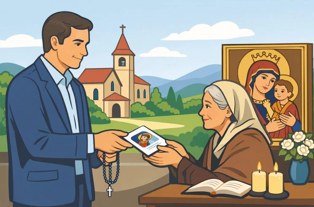A man hands a religious image to an elderly woman at a table, with a church and mountains visible in the background.