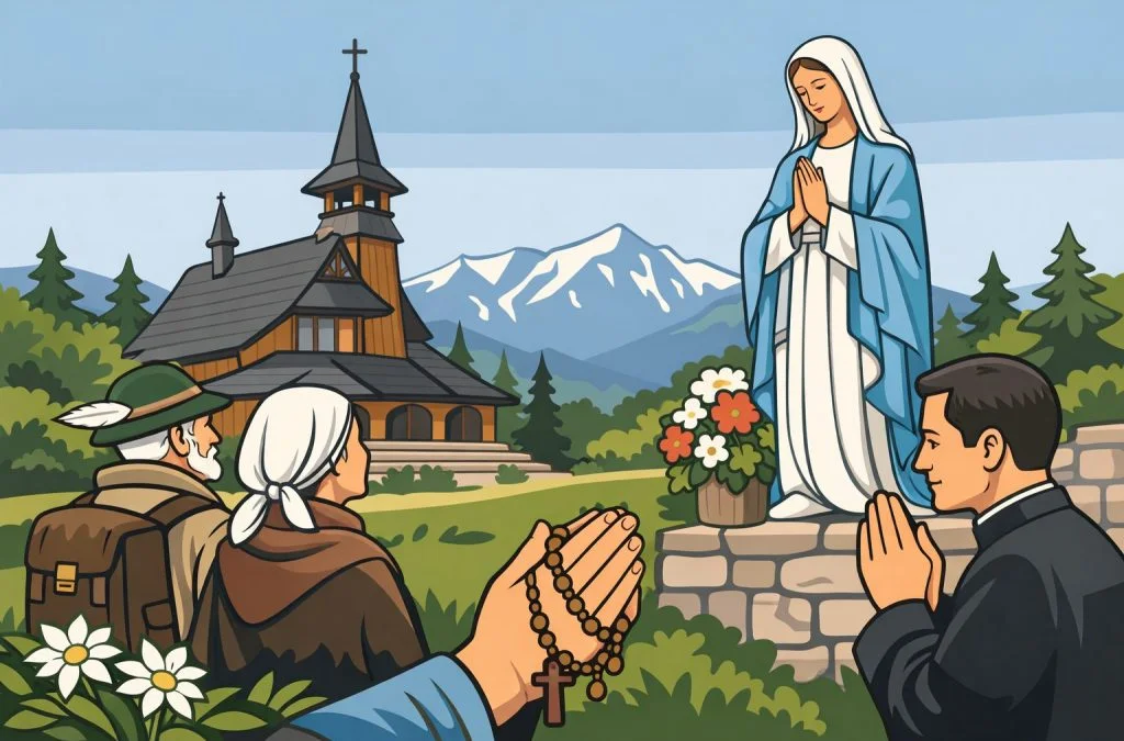 A serene mountain scene features a statue of Mary, with people in prayer near a church surrounded by lush greenery.
