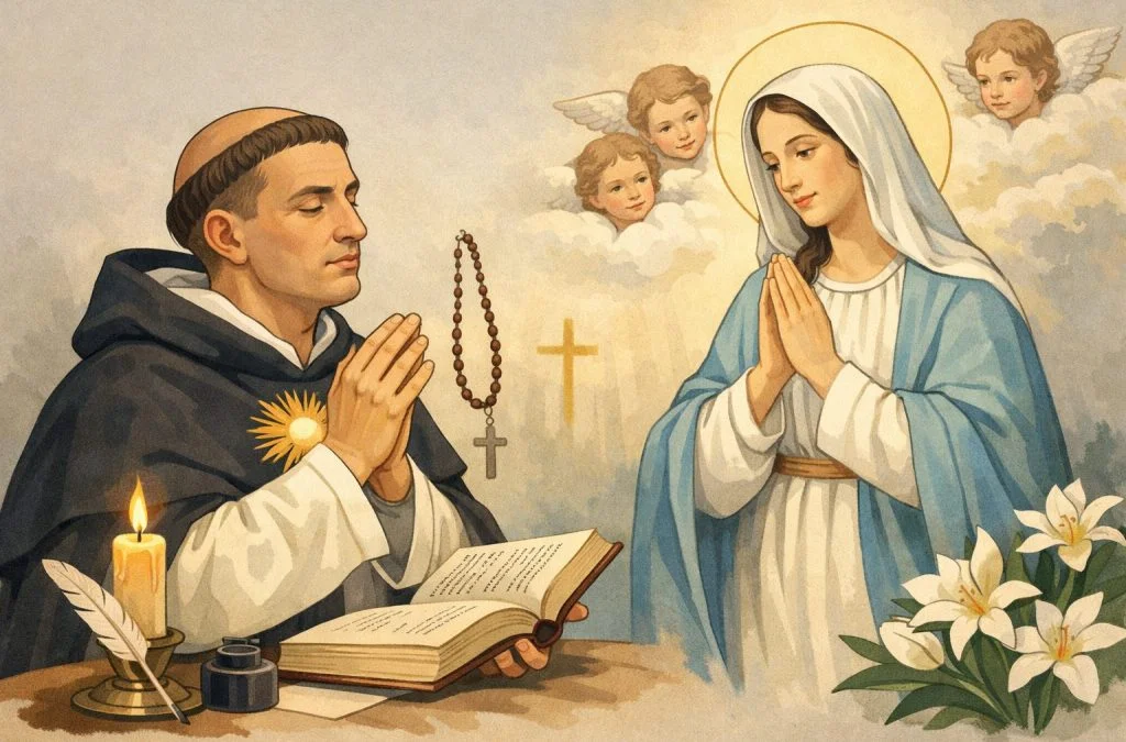 Saint Thomas Aquinas prays before the Virgin Mary, surrounded by angels, with a candle and a book on a table.