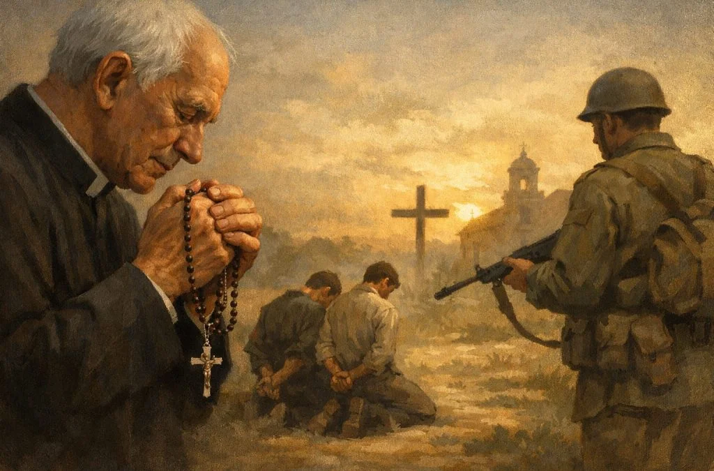 An elderly priest prays with rosary beads as soldiers kneel in the background, set against a sunset and cross.