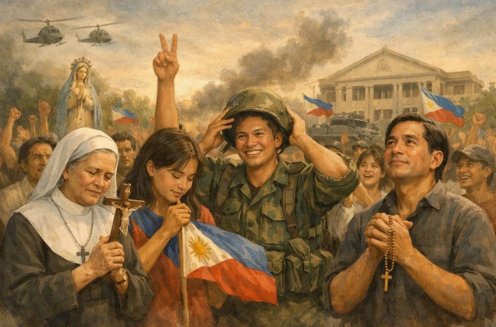 People celebrate the fall of dictatorship in the Philippines, with flags, prayers, and military presence in a vibrant scene.