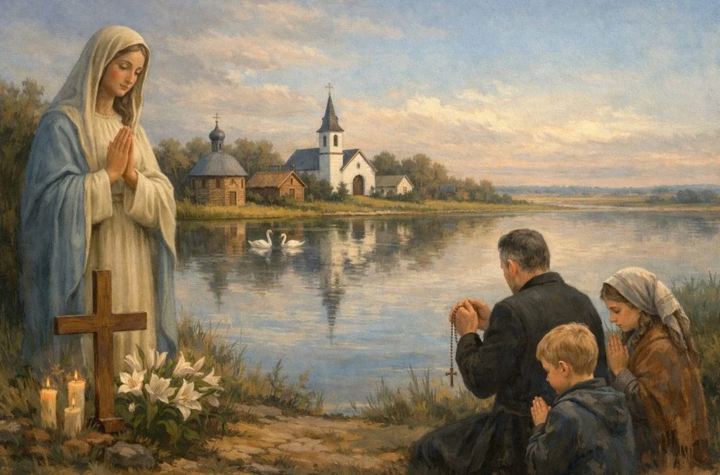 A serene riverside scene features a praying Virgin Mary, a family kneeling in prayer, and swans near a quaint church.